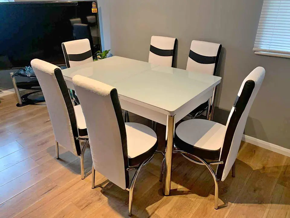 TURKISH WHITE COMBINATION TABLE WITH 4/6 CHAIRS BLACK/GREY/BROWN WHITE