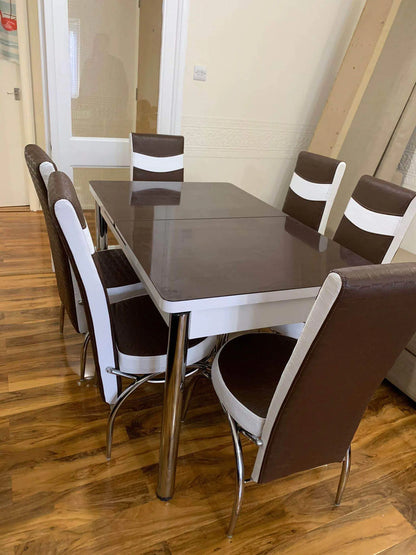 TURKISH WHITE COMBINATION TABLE WITH 4/6 CHAIRS BLACK/GREY/BROWN WHITE