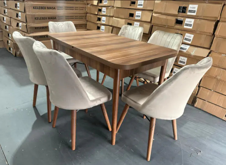 Wooden Extendable Dining Table with 6 Velvet Chairs