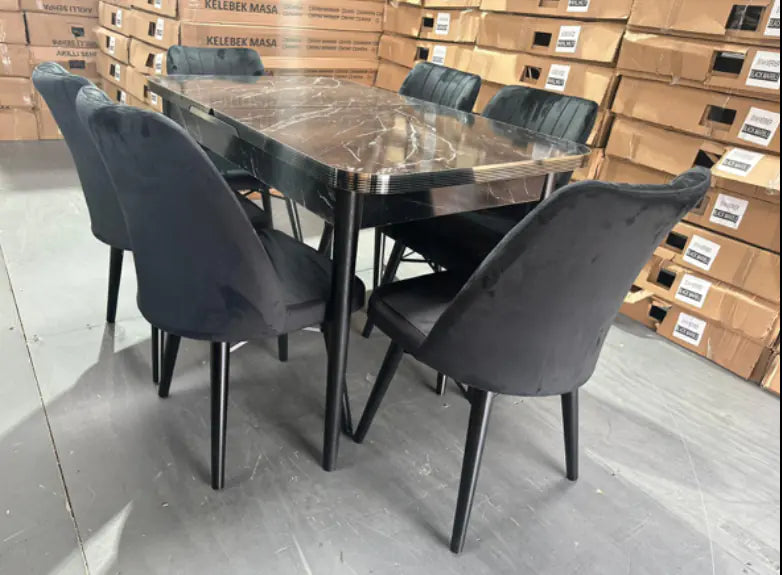 Wooden Extendable Dining Table with 6 Velvet Chairs