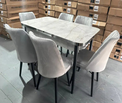 Wooden Extendable Dining Table with 6 Velvet Chairs
