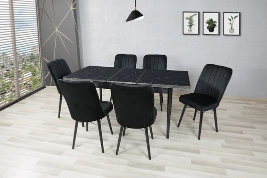 Royal Mermer Black Wooden Extendable Dining Table with 6 Velvet Chairs