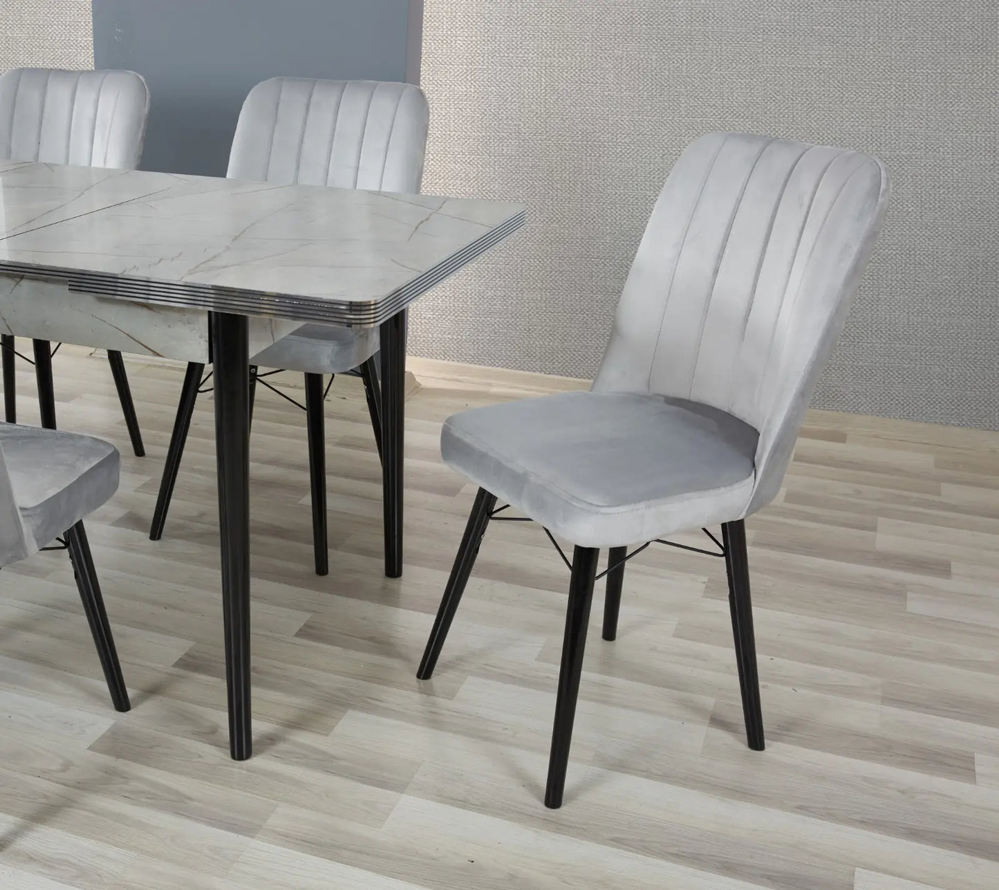 LAGINA Wooden Extendable Dining Table with 6 Velvet Chairs (GREY)