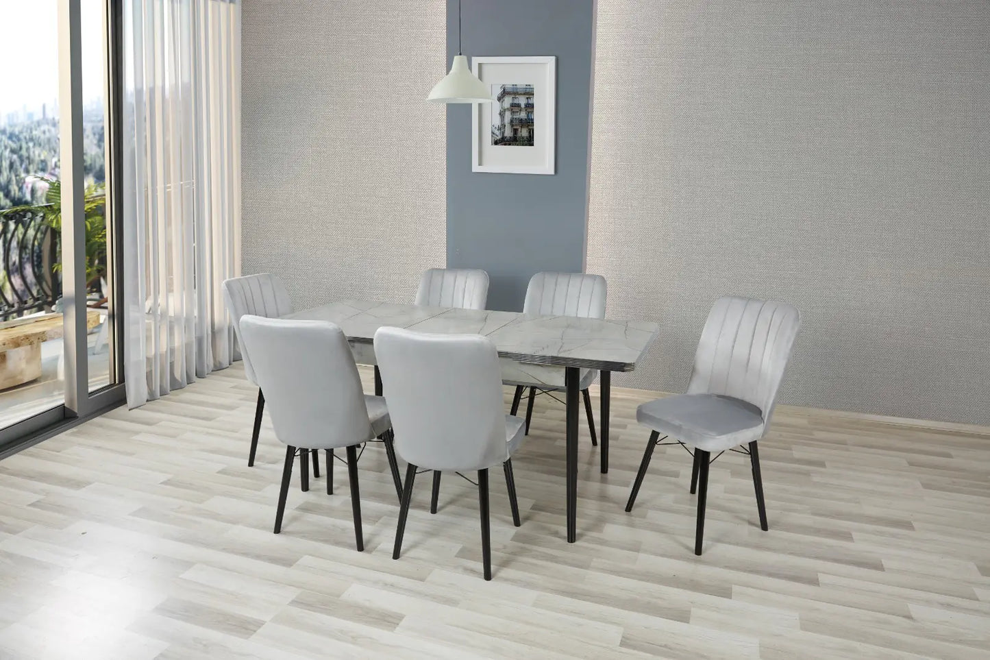LAGINA Wooden Extendable Dining Table with 6 Velvet Chairs (GREY)