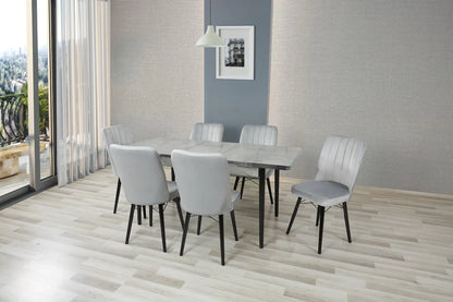 LAGINA Wooden Extendable Dining Table with 6 Velvet Chairs (GREY)