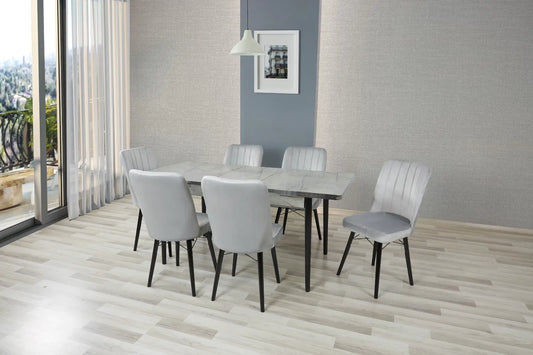 LAGINA Wooden Extendable Dining Table with 6 Velvet Chairs (GREY)