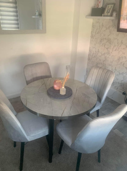 Turkish round marble dining table with 4 plush velvet chairs