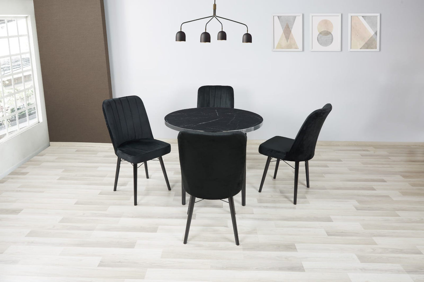 Turkish round marble dining table with 4 plush velvet chairs