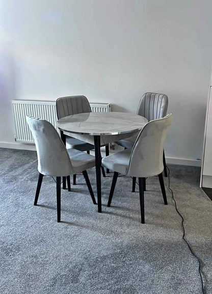 Turkish round marble dining table with 4 plush velvet chairs