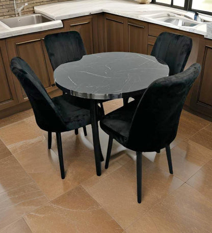 Turkish round marble dining table with 4 plush velvet chairs