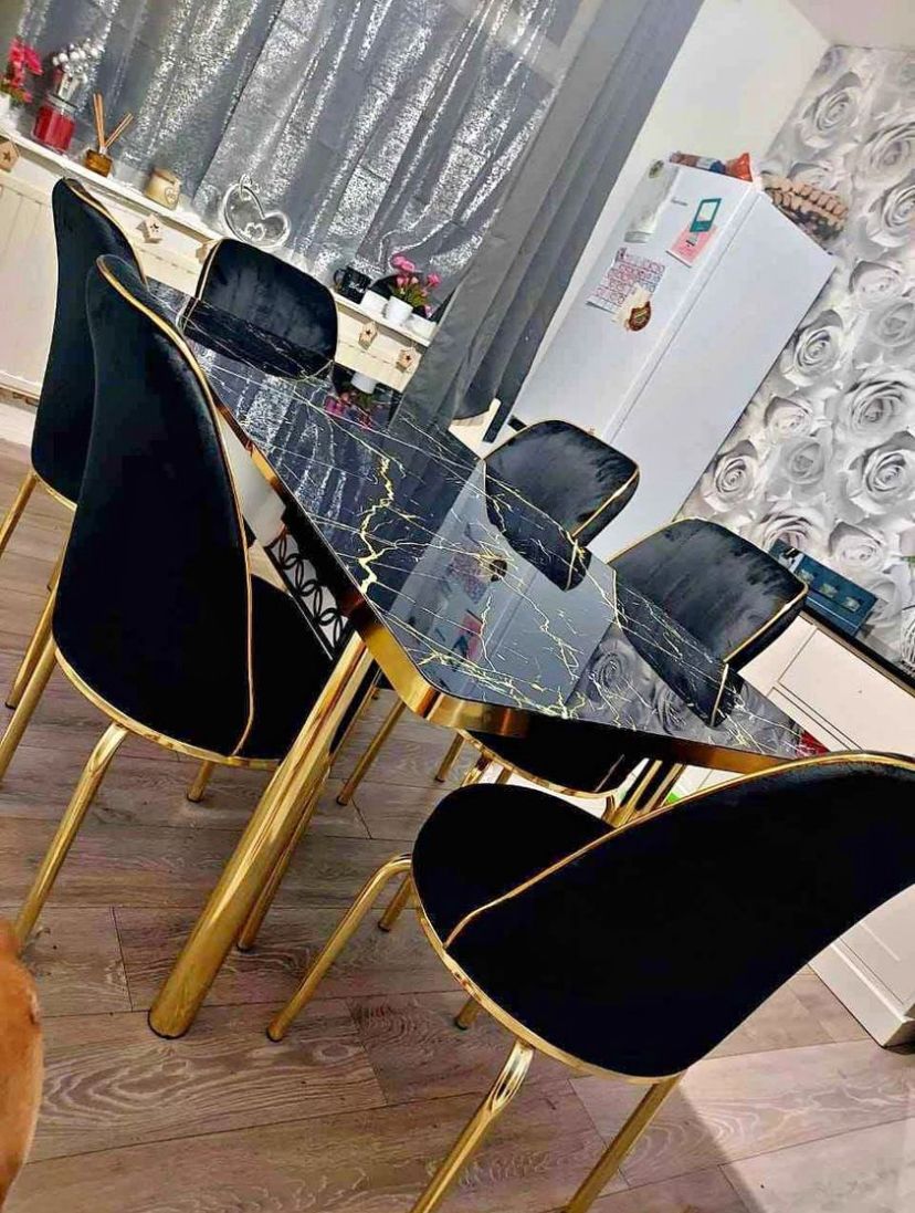 TURKISH TEXTURED DINING TABLE WITH 4/6 CHAIRS BLACK/WHITE/GREY